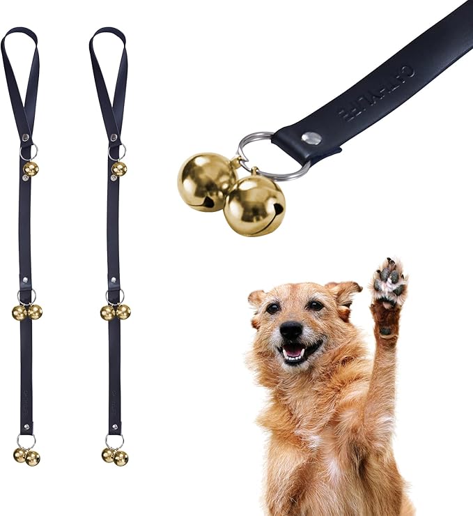 Leather Dog Doorbells for Door Knob/Potty Training/Go Outside, Length Adjustment Copper Dog Bell, Housetraining Hanging Bell, Black Leather Golden Bells - 2 Pack-Mewly Pet
