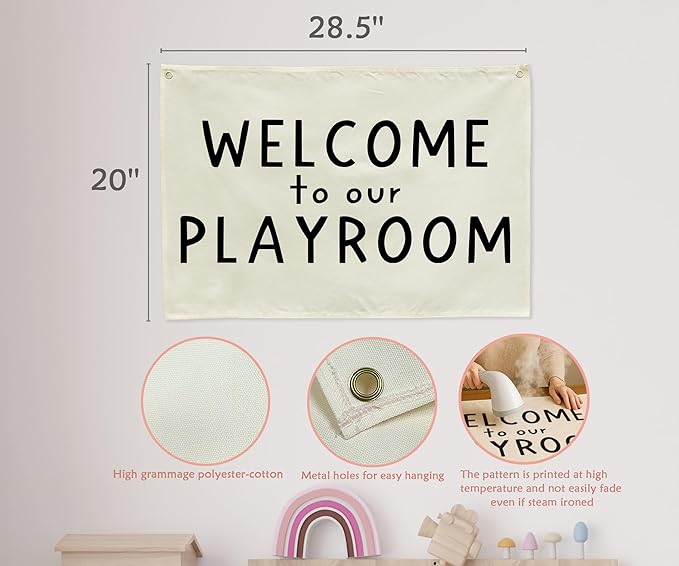 Hanging Rectangular Playroom Banner Flag Poster Wall Art Decoration Gift for Toddler Baby Boy Girl Kids Room Nursery Classroom Play Room Wall Decor-Baby Shower Christmas Gift Welcome to Our Playroom