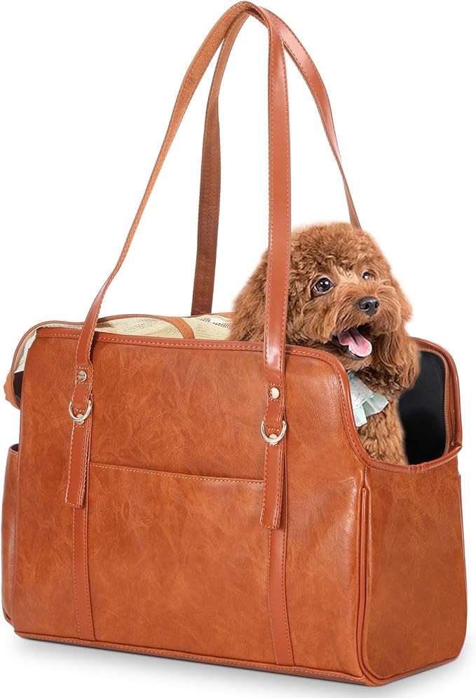 Dog Carrier Purse, Fashion Leather Pet Carrier with Pockets, Airline Approved Soft Sided Dog Carrying Bag for Puppy Cat Dog Brown-Mewly Pet