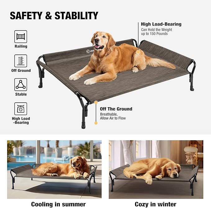 Veehoo Medium Elevated Dog Bed, Guardrail, Non-Slip, Chewproof, Washable & Breathable Teslin Mesh, Brown-Mewly Pet