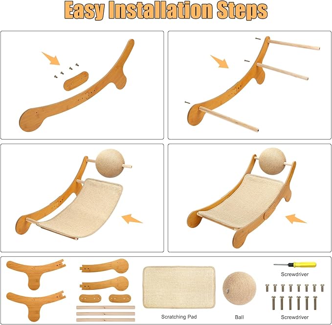 Outamateur Sisal Cat Scratcher Bed, Cat Hammock Chair, 3 in 1 Cats Scratcher Lounge, Cats Mini Beach Chair with Toy Ball, Pet Beds with Removable Sisal Pad for Indoor Small Animal, Puppy, Rabbit-Mewly Pet