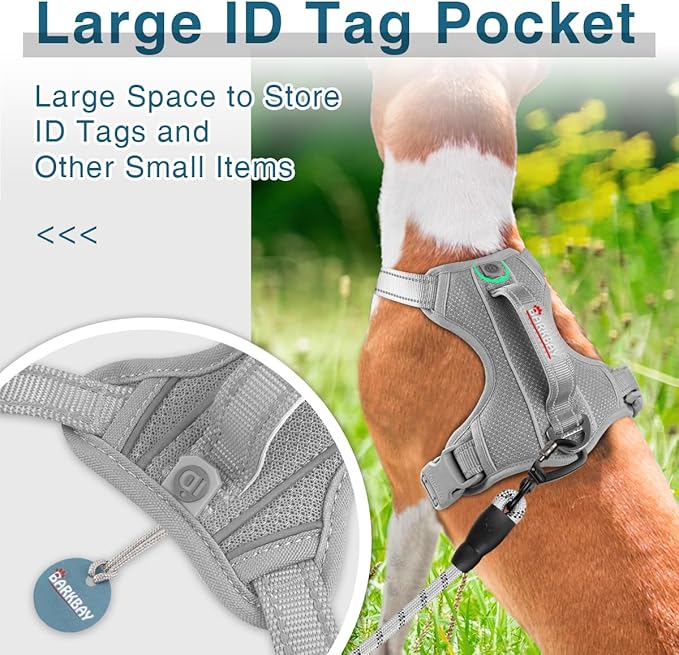 BARKBAY Dog Harness No Pull with ID Tag Pocket - Heavy Duty, Reflective, Easy Control for Large Dogs(Grey,S)-Mewly Pet