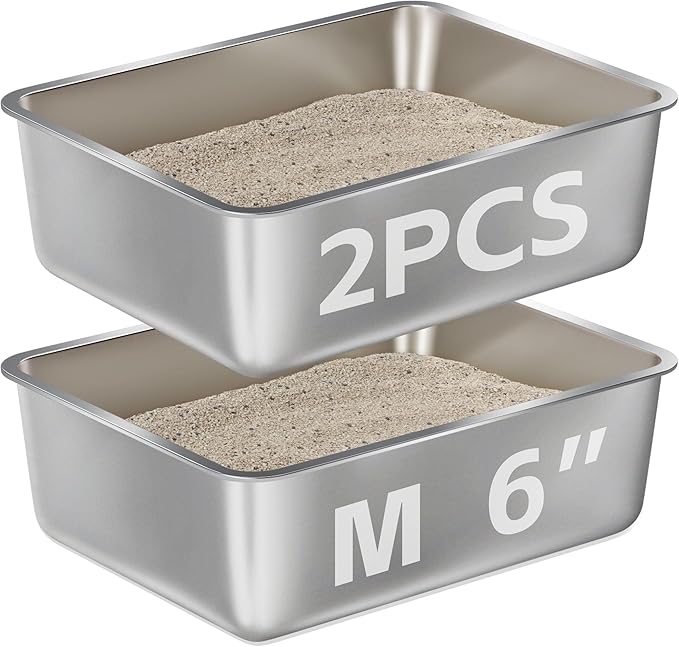 Stainless Steel Litter Box 2 Pack,Metal Litter Box for Cats Easy to Clean,Cat LitterBox for Kitty/Kitten Rabbit Litter Pan,Non Stick, No Smell-Mewly Pet