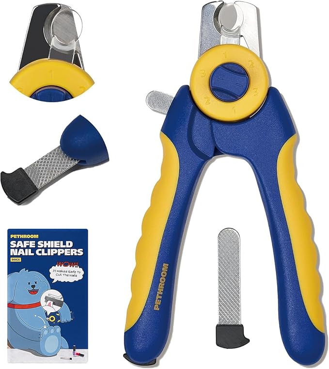 PETHROOM] Professional Dog Nail Clipper with Transparent Guard & Nail File | Adjustable Cutting Length (1-3mm) Sturdy, Durable Stainless Steel Blade | Nail Trimmer for Pets Avoid Overcutting-Mewly Pet