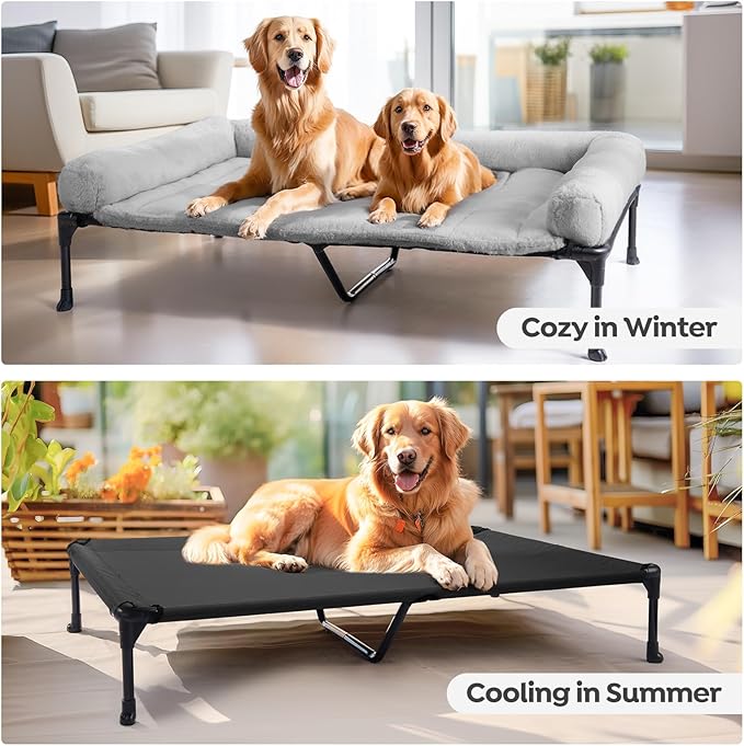Veehoo Cooling Elevated Dog Bed with Fluffy Plush Bolster Cushion, Indoor Raised Dog Beds for Large Dogs, Soft Pet Sofa Cot with Removable Washable Mat, No-Slip Feet, 49 x 33 inches, Grey-Mewly Pet