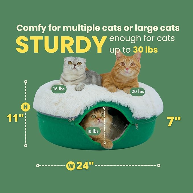 CATTASAURUS Peekaboo Cat Cave for Multiple & Large Cats Up to 30-45 Lbs, Fluffy Cat Beds & Furniture, Scratch Detachable & Washable Tunnel Bed, Comfy Donut Bed (Forest Green, Large (Calming))-Mewly Pet
