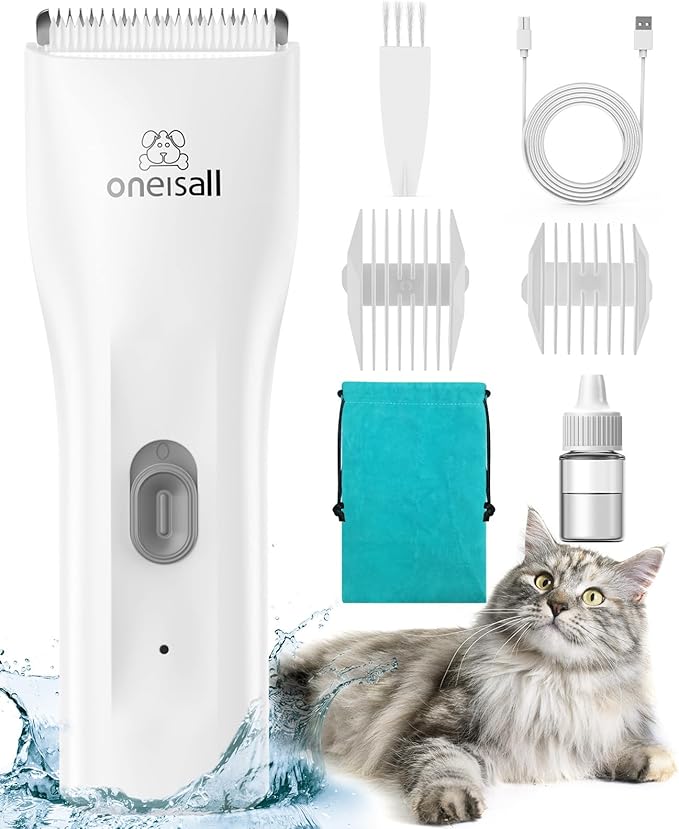 oneisall Pet Clipper for Cat Matted Hair, Pet Shaver for Cats Quiet Pet Clippers Waterproof Cordless Cat Clippers for Matted Hair Long Hair with Storage Bag (White)-Mewly Pet