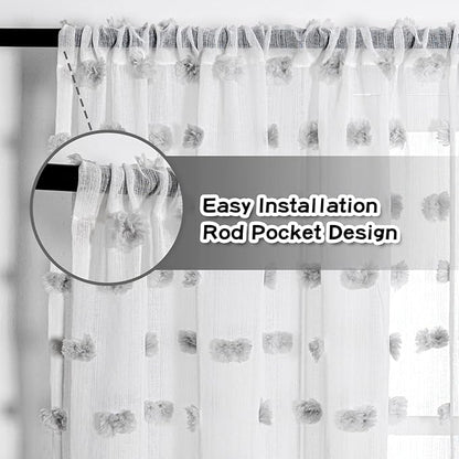 MYSKY HOME Grey Curtains for Bedroom Windows 2 Panels Pom Pom Sheer Curtains 84 Inch Long for Living Room Nursery Kids Room Rod Pocket Boho Farmhouse Dining Room Window Drape 52 x 84 inch