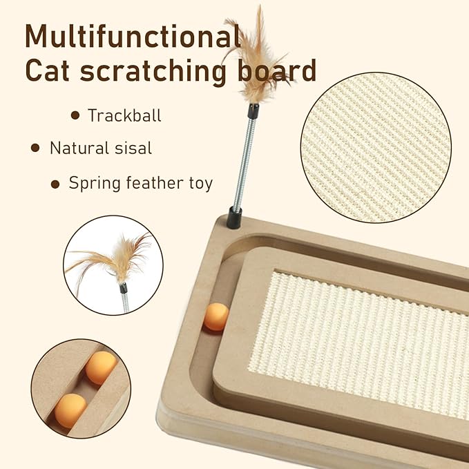 PEEKAB Cat Scratcher,Sisal Scratching Board with Track Ball Interactive Toy and Swing Feather Toys for Indoor Cats and Kittens,Large Heavy Durable-Mewly Pet