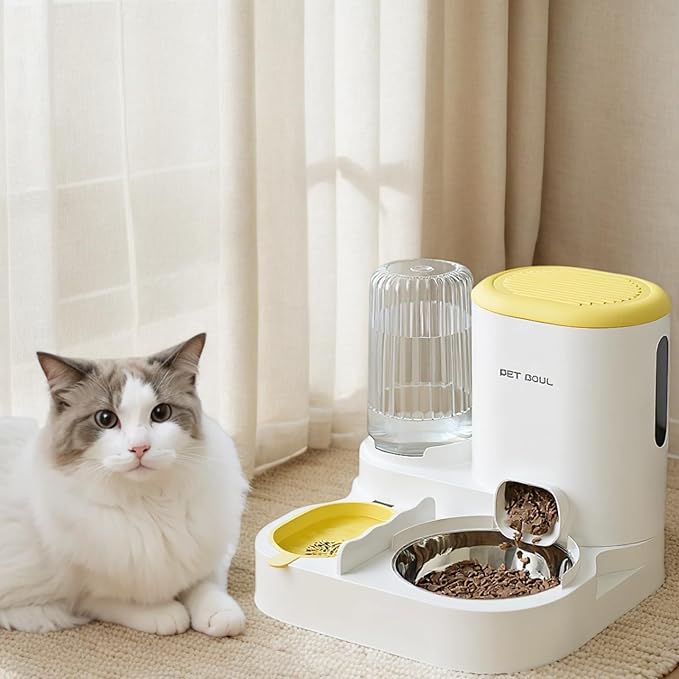 Automatic Cat Feeder & Water Dispenser - Dual Container for Dry/Wet Food, Two-in-One Upgraded Gravity Feeder and Water Dispenser Combo Set for Cats and Dogs.(Yellow)-Mewly Pet