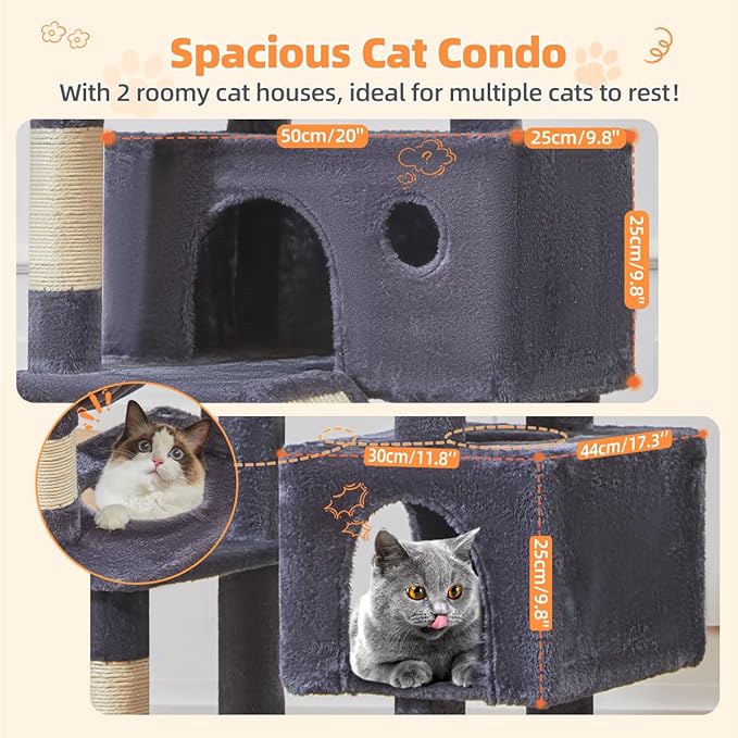 Taoqimiao Cat Tree 71-Inch, Cat Tower for Indoor Cats Large Adult, Multi-Level Large Cat Condo, 8 Sisal Scratching Posts, Metal Frame Cozy Hammock, Scratch Board, 2 Top Perches, Smoky Gray MS026LG-Mewly Pet