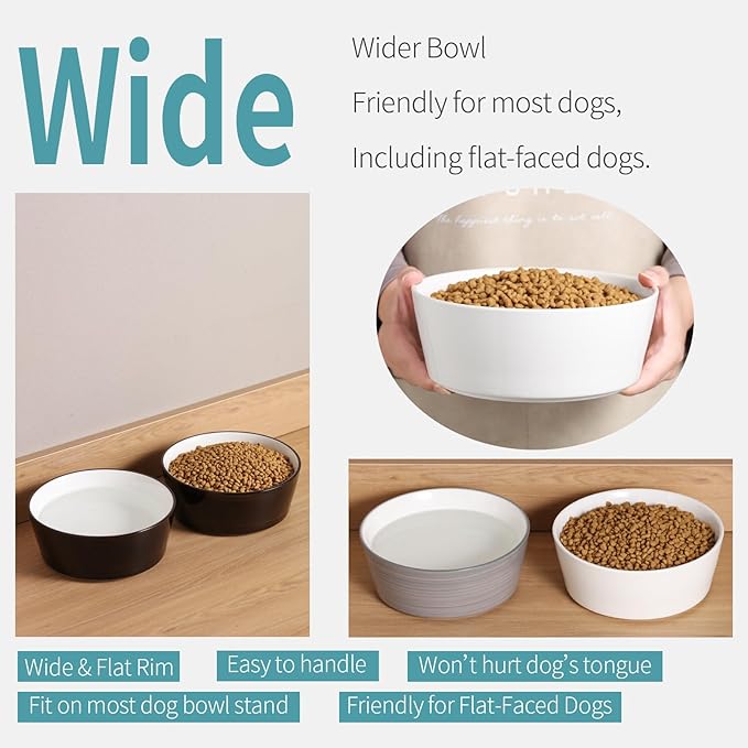 White Dog Bowl Ceramic for Medium Large Breed, Heavy Weighted Dog Food Water Dish, 8 in Non - Slip Modern Cute Extra Big Porcelain Pet Bowl Maze Wide Mouth-Mewly Pet