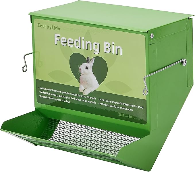 Metal Small Animal Feeder with Lid, Heavy Duty, Large Capacity Food Dispenser, Great for Rabbits, Guinea Pigs, Chinchillas and Other Small Animals (7.4 inch, Green)-Mewly Pet