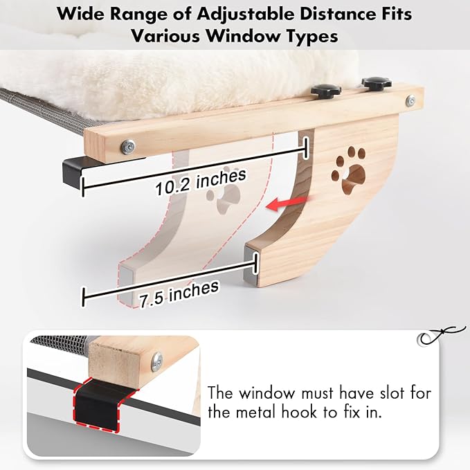 AMOSIJOY Cat Sill Window Perch Sturdy Hammock Window Seat with Cushion Bed Cover, Wood & Metal Frame for Large Cats, Easy to Adjust Cat Bed for Windowsill, Bedside, Drawer and Cabinet (M)-Mewly Pet