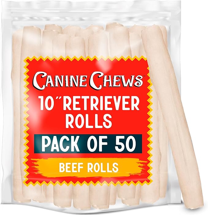Canine Chews 10" Dog Rawhide Retriever Rolls - Rawhide Bones for Large Dogs (50 pk) - Natural Beef Dog Rawhide Chews - Single Ingredient Dog Rawhide Bones - Large Rawhide Bones for Dogs Dental Chew-Mewly Pet
