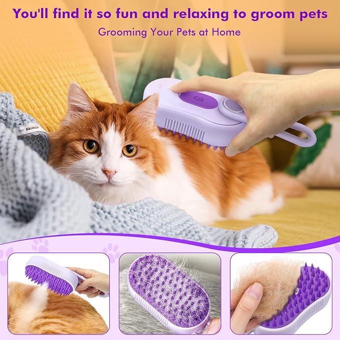 Cat Steam Brush,4 in 1 Rechargeable Pet Steam Brush for Cats and Dog,Anti-Static Cat Spray Brushes, Massage, Cleaning, Shedding and Combing for Long and Short Hair Cats and Dogs-Mewly Pet