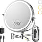 9" Wall Mounted Lighted Makeup Mirror,4000mAh Rechargeable Double Sided 1X/30X Magnifying Mirror with Light,Touch Dimmable,Extended Arm 360 Rotation Wall Mounted Makeup Mirror 3 Color Lights-C