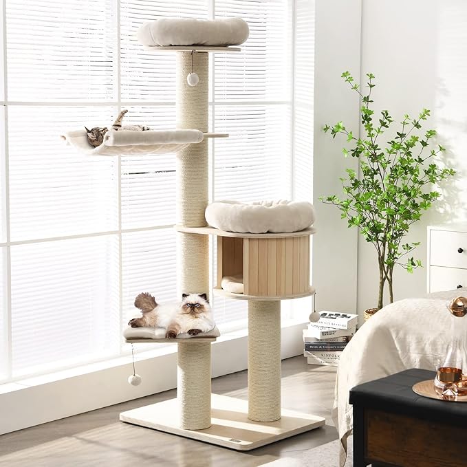 Tangkula Modern Cat Tree, Multi-Level Large Cat Tower with Condo, Hammocks & Hanging Basket, Tall Cat Tree with Sisal Posts, Washable Cushions, Wood Cat Trees and Towers for Indoor Large Cats-Mewly Pet