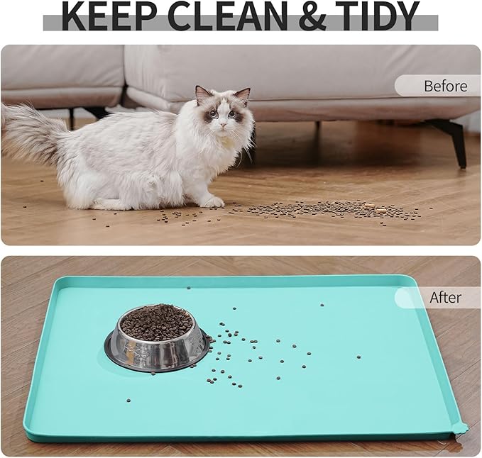 Waterproof Pet Feeding Mat with High Raised Edges, Heavier and Thicker Placemats for Cat Dog Water Bowl with BPA Free, Dogs Cats Food Mats for Messy Drinkers to Prevent Spill and Protect Floors-Mewly Pet