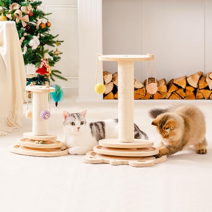 MEWOOFUN Cat Toy 2-Layer Turntable Cat Ball Toy with Feather,Kitten Toys Interactive Cat Toy with Eight Interactive Balls and Two Sisal Dangling Balls (Large)-Mewly Pet