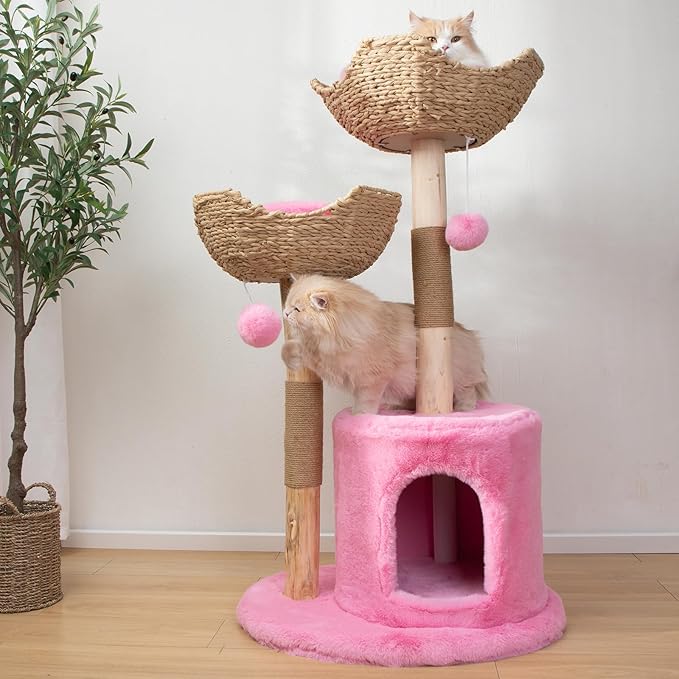Modern Cat Tree for Indoor Cats, Large Adult 46" Tall, Wooden Cat Tower with Scratching Post, Luxury Cat Condo, Pink-Mewly Pet
