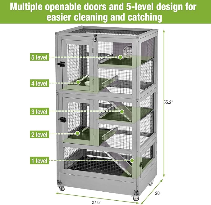 GUTINNEEN Ferret Cage Anti-Chewing Guinea Pig cage with Wheels Chinchilla Cage Metal Frame Small Animal Cage,Lizard,Squirrel Chameleon,Gerbils 5 Levels-Mewly Pet