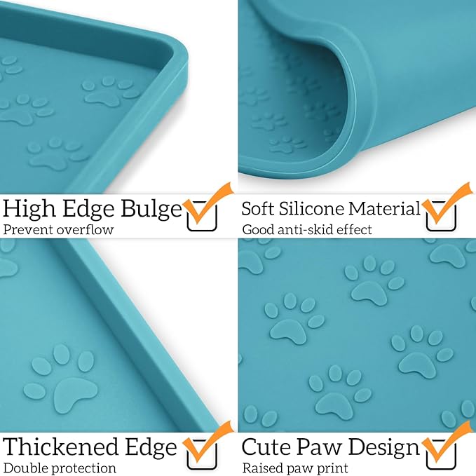 Ptlom Dog Food Mat Anti-Slip Bowl Mats for Food and Water, Waterproof Silicone Pet Placemat with High Raised Edges, Non-Slip Puppy Feeding Tray for Small, Medium Large Cats Dogs, Blue, 11.8"x11.8"-Mewly Pet