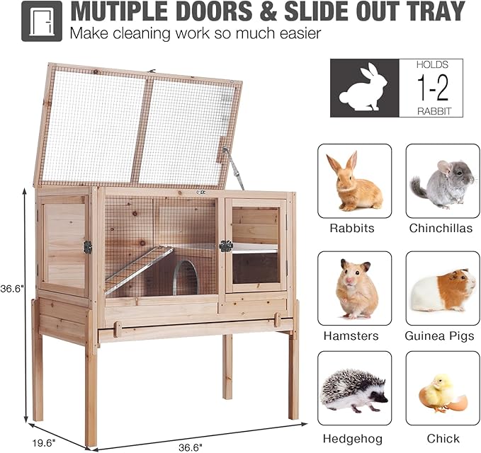 Guinea Pig Cages with Anti Chewing Edges and Cool Zinc Plate, Indoor Rabbit Hutch with Hideout and PVC Platform, Elevated Legs Hamster Cage 36.6" L (Nature)-Mewly Pet