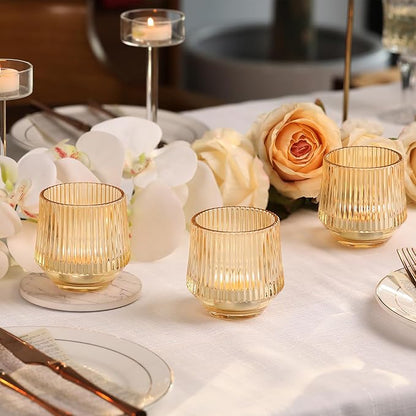 12 Pcs Large Gold Votive Candle Holders- 3.15"×3.15" Ribbed Gold Votives, Gold Tea Lights Candle Holders Votive Holders for Wedding Table Decor, Gold Glass Candle Holders for Table Centerpieces