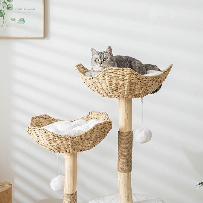 Cat Tree Tower, 46 inch Modern Cat Tree for Indoor Cats Large Adult, Luxury Cat Condo with Scratching Post, Real Solid Wood Branch Indoor Boho Furniture, Climbing Tower, White