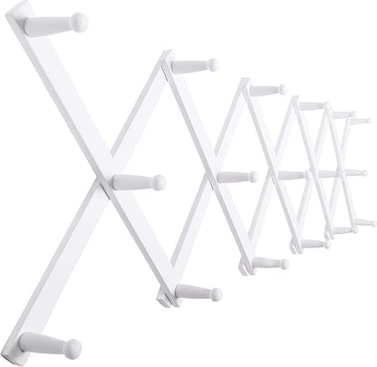 SKOLOO Hat Rack for Wall with 17 Hooks, Solid Wooden, Modern, Expandable Coat Rack Wall Mount for Coats, Hats, Bags, Baseball Caps, White