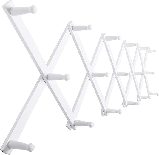SKOLOO Hat Rack for Wall with 17 Hooks, Solid Wooden, Modern, Expandable Coat Rack Wall Mount for Coats, Hats, Bags, Baseball Caps, White