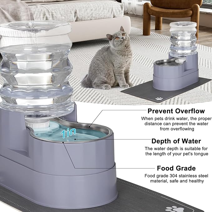 Sfozstra Automatic Gravity Water Dispenser: 5L Gray Stainless Steel Pet Bowl Waterer with Waterproof Pad - Raised Edge Water Feeder for Cats & Small Dogs Indoor/Outdoor-Mewly Pet