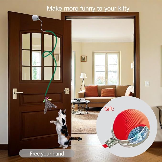 Cat Toys Hanging Door Electric and Moving Ball, Cats Toy Interactive for Indoor for Bored Feather Toys Kitten Rechargeable Door Hanging Automatic Retractable String（White）-Mewly Pet