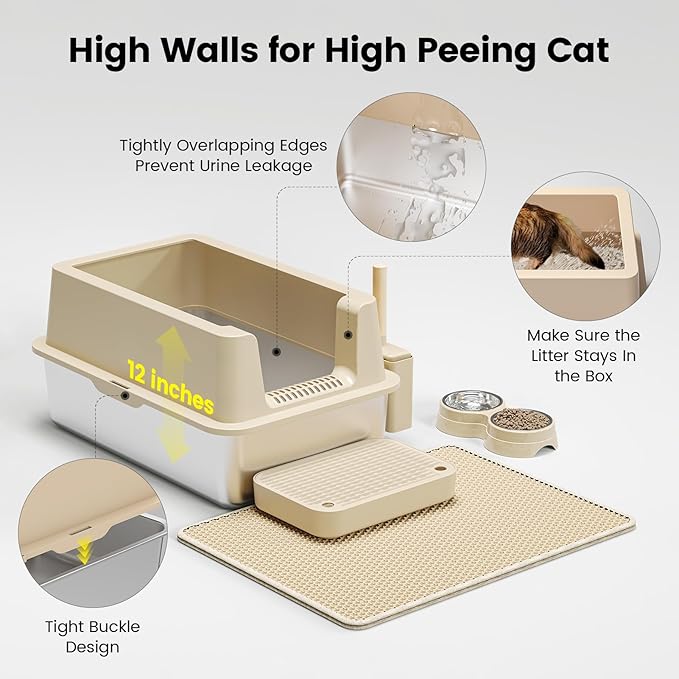 Stainless Steel Cat Litter Box - Enclosed XL Metal Kitty Litter Box with Lid for Big Cats, High Sided, Anti-Leakage, Easy Cleaning, Non-Sticky, Included Spoon & Aisle (Khaki)-Mewly Pet
