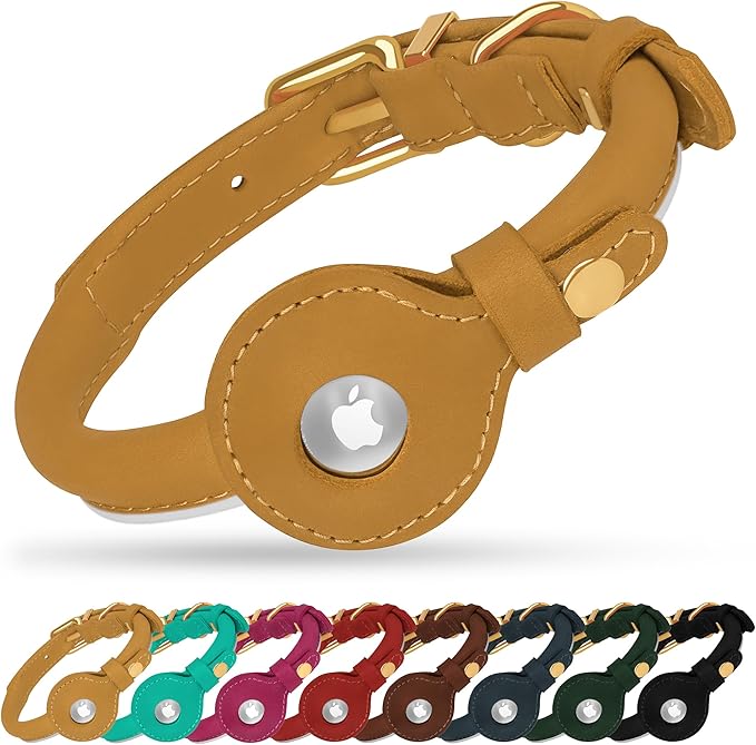 OOPSDOGGY Rolled Leather Dog Collar with Airtag Holder - Reflective Round Airtag Dog Collar - Soft Tracking Pet Collar for Small Dogs Puppy Cats Kitten (Camel, XXL, 20"-24")-Mewly Pet