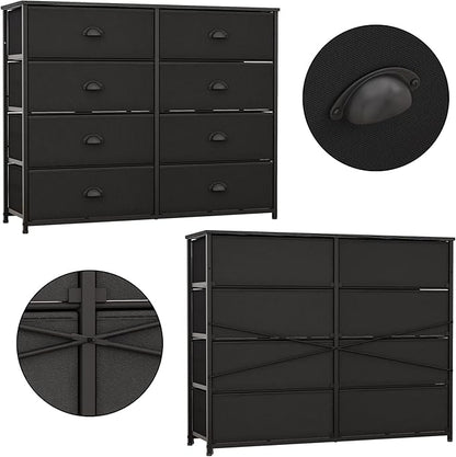 Furnulem Dresser with 8 Fabric Drawers, Wide Console Table for 50'' TV, Storage Organizer Unit for Bedroom, Office, Dorm, Closet, Hallway, Sturdy Metal Frame & Wood Top (Black)
