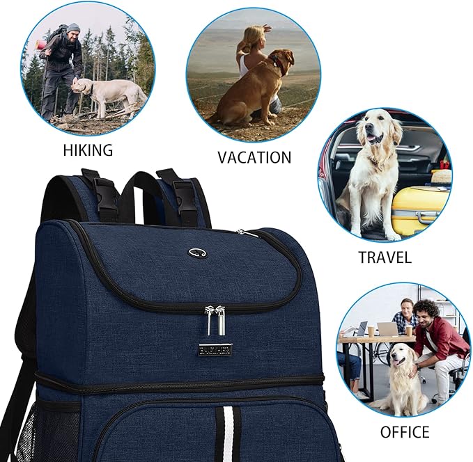 BAGLHER Pet Travel Bag, Double-Layer Pet Supplies Backpack (for All Pet Travel Supplies), Pet Travel Backpack with 2 Silicone Collapsible Bowls and 2 Food Baskets Dark Blue-Mewly Pet