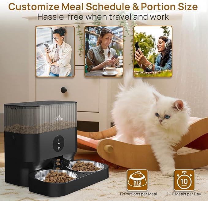 iPettie Automatic WiFi Pet Feeder for 2 Pets, 5L Capacity, 1-10 Meals Per Day, Adjustable Bowl Height, Smart Dog Cat Feeder with 2 Stainless Steel Bowls, 2.4G WiFi App Control for Cats and Small Dogs-Mewly Pet