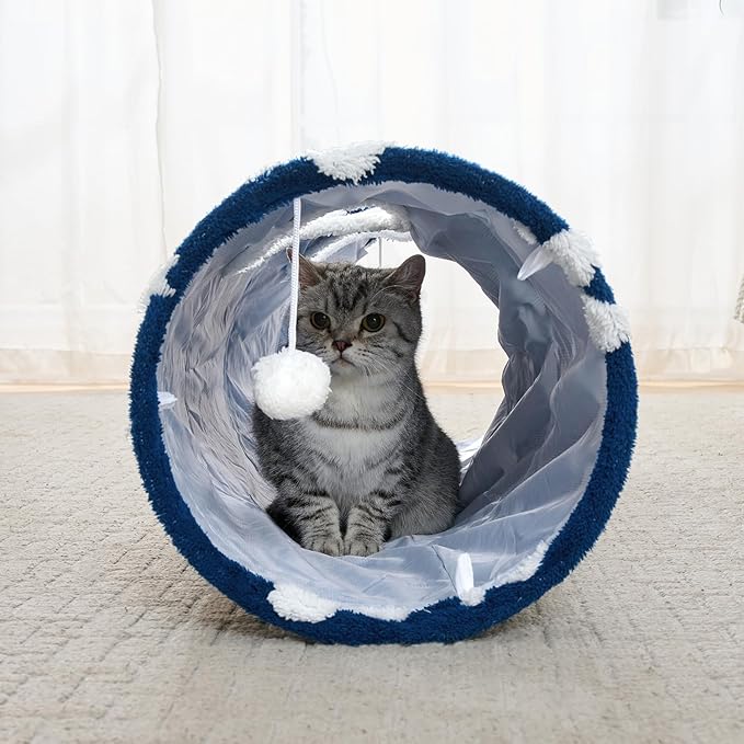 Straight Cat Tunnel for Indoor Cats 47"x12", Cute Cat Toys Collapsible Tunnel Tube with Balls for Puppy Kitten Rabbit, Blue Paw-Mewly Pet