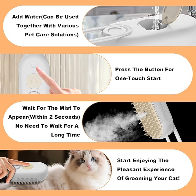 4 in 1 Cat Steam Brush for Shedding，Rechargeable Steam Pet Brush With Rotating Handle for Massaging, Self-Cleaning, and Pet Hair Removal for Long and Short Hair of Cat and Dog （Beige）-Mewly Pet