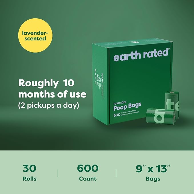 Earth Rated Dog Poop Bags Value Pack, Leak-Proof and Extra-Thick Pet Waste Bag for Big and Small Dogs, Refill Rolls, Lavender Scented, 600 Count-Mewly Pet