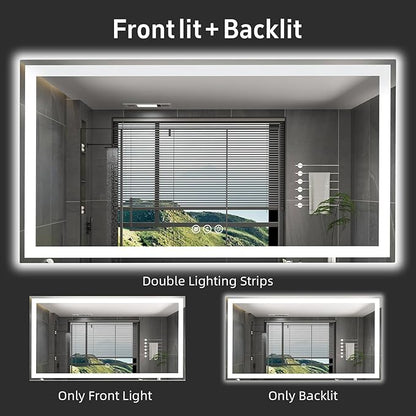 55"x 30" LED Bathroom Mirror with Lights, Double Lighting Sources Dimmable, Anti-Fog Vanity Mirror with Lights, Lighted Bathroom Vanity Mirror for Wall Tempered Glass (Horizontal/Vertical)