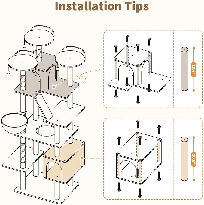 Made4Pets Tall Cat Tree, 80" Cat Tree Tower for Indoor Cats Large Adult, Modern Cat Tower with Scratching Post, Cozy Hammock, 3 Perches and 2 Condos, Sturdy and Fluffy, Beige-Mewly Pet