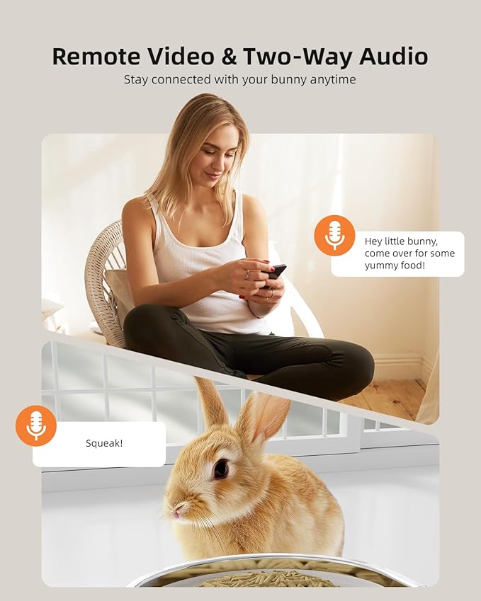 Hanging Automatic Rabbit Feeder with 1080P Camera, 62oz Storage, Multiple Pet Cage Compatibility, Customized Feeding Schedule- Perfect for Ferrets, Cats, Guinea Pigs, Chinchilla and Hedgehog-Mewly Pet