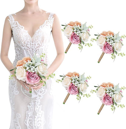 Bridesmaid Bouquets Set of 4 - Blush & Pink Artificial Flowers Bouquet for Bridesmaids Wedding Small Floral Centerpieces for Marriage Proposal Party Anniversary Dining Table Decor -7 Inch