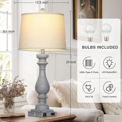 29" Tall Farmhouse Table Lamp for Living Room Set of 2,Vintage Retro Nightstand Lamps with USB C+A Ports & AC Outlet,3-Way Dimmable Touch Bedside Lamp for Bedroom Side Table,Light Grey