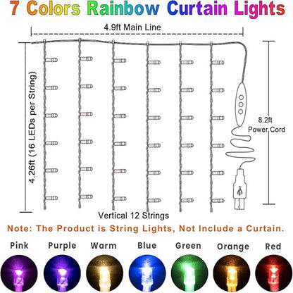 Rainbow Fairy String Curtain Lights with Remote, Twinkle LED Ombre Light Curtain for Girls Room, Bedroom, Teen Room, Kid's Room, Unicorn Theme, Party, Christmas Décor Gift (Rainbow)