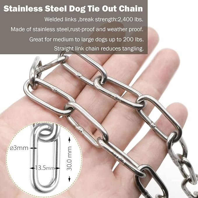 25ft Dog Chains for Outside - Heavy Duty Tie Out Chain Leash Great for Small to Large Dogs Up to 200Lbs - Chew Proof Long Chain for Yard Camping or Travel-Mewly Pet