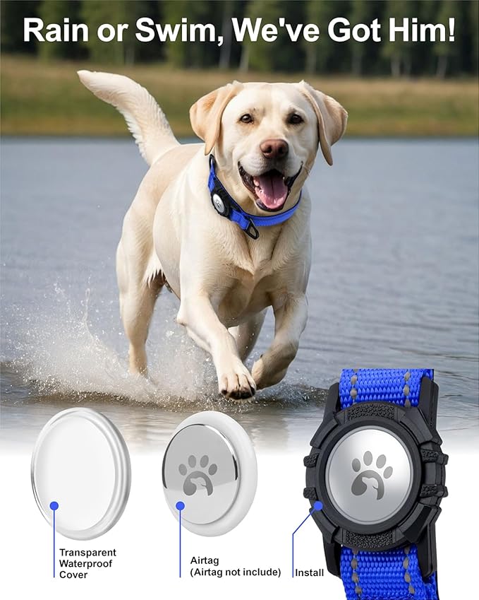 TagME Airtag Dog Collar,Waterproof Reflective Pet Collar with Airtag Holder,Soft Padded and Double D-Rings for Extra Large Dogs,Navy Blue-Mewly Pet